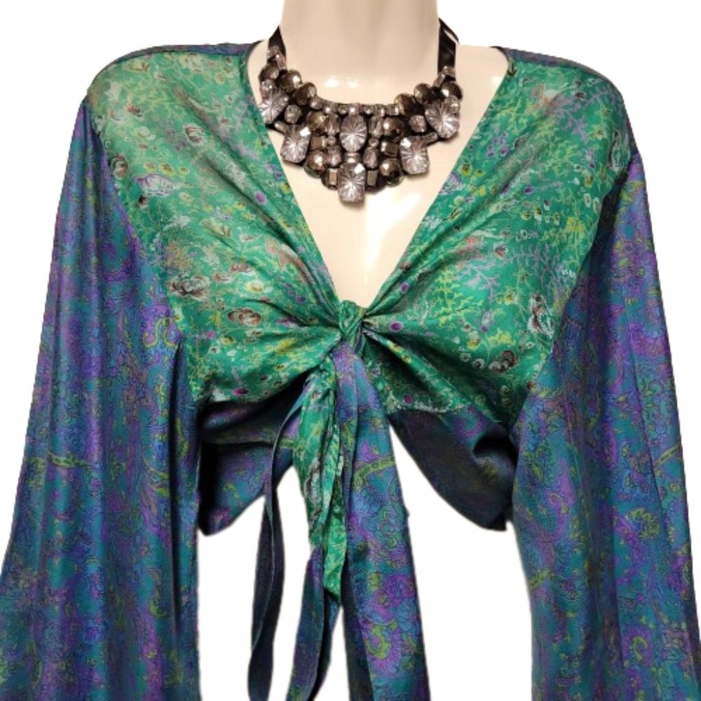 SILK Bolero Top Crop Top Coverup Silk Blazer Short Jacket Butterfly Sleeve Top L - Picture 6 of 10